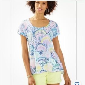 Lilly Pulitzer Oh Shello Shell Print Linen Tee Shirt Sz XS